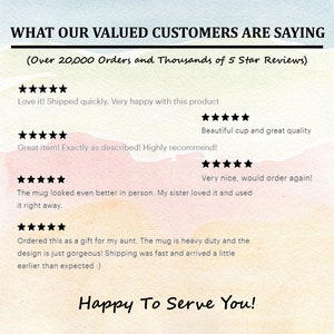 May include: A watercolor background with the text "What Our Valued Customers Are Saying (Over 20,000 Orders and Thousands of 5 Star Reviews)".  Five-star reviews are shown with text describing the product and customer experience. The text "Happy To Serve You!" is at the bottom of the image.