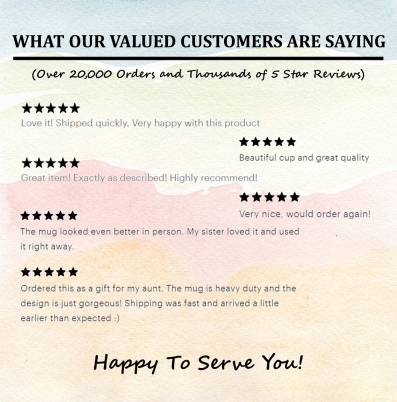 May include: A watercolor background with the text "What Our Valued Customers Are Saying (Over 20,000 Orders and Thousands of 5 Star Reviews)".  Five-star reviews are shown with text describing the product and customer experience. The text "Happy To Serve You!" is at the bottom of the image.