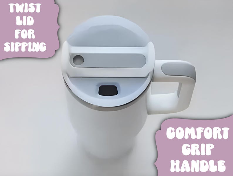 Pode incluir: Caneca de viagem branca com tampa girat&oacute;ria cinza e al&ccedil;a de f&aacute;cil manuseio. A tampa tem uma pequena abertura para beber. O texto na imagem diz "Twist Lid for Sipping" e "Comfort Grip Handle".