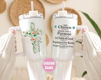 Custom Christian Tumbler, Personalized 40oz Tumbler Gift for Christian Women Bible Verse Tumbler, Womens Cross Gifts, Empowerment Cups