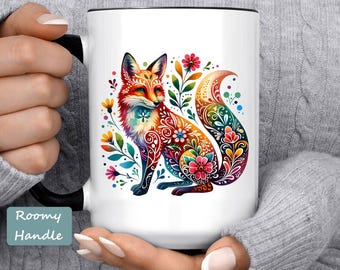 Folk Art Fox Mug: Boho Floral Woodland Animal Cup