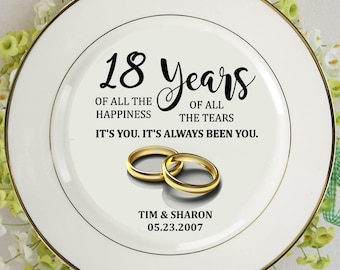 Regalo personalizado para el 18.º aniversario, regalos tradicionales de porcelana, placa de anillos de oro, regalo personalizado para el 18.º aniversario de padres, esposa y esposo.