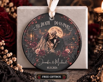Gothic Wedding Ornament, Personalized Skeleton Couple, Halloween Newlywed Keepsake, Til Death Do Us Part