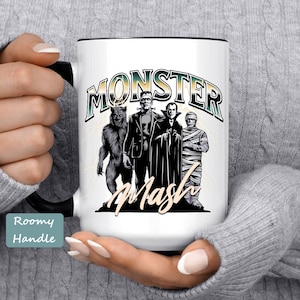 Classic Movie Monster Mug, Frankenstein, Werewolf, Dracula and the Mummy, Monster Mash Retro Trendy Halloween Coffee Cup Gift Idea
