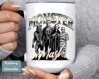 Classic Movie Monster Mug, Frankenstein, Werewolf, Dracula and the Mummy, Monster Mash Retro Trendy Halloween Coffee Cup Gift Idea