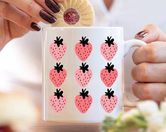 Cute Strawberry Mug, Summer Strawberry Mugs, Cottagecore Berries, Strawberry Aesthetic, Fruit Botanical Garden Cup, Sweet Summer Gift Idea