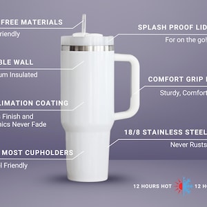 Pode incluir: Caneca de viagem branca com al&ccedil;a e tampa &agrave; prova de salpicos. Possui isolamento a v&aacute;cuo de parede dupla, revestimento de sublima&ccedil;&atilde;o e a&ccedil;o inoxid&aacute;vel 18/8. A caneca cabe na maioria dos porta-copos.