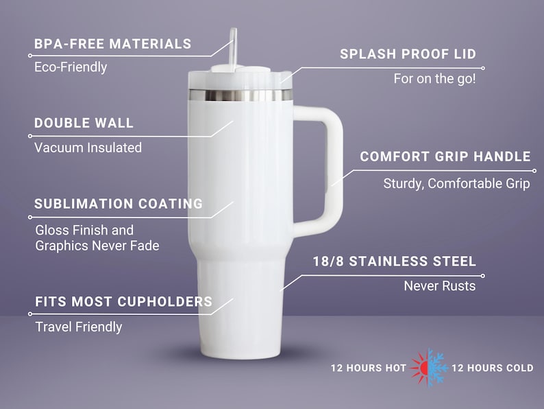 Pode incluir: Caneca de viagem branca com al&ccedil;a e tampa &agrave; prova de salpicos. Possui isolamento a v&aacute;cuo de parede dupla, revestimento de sublima&ccedil;&atilde;o e a&ccedil;o inoxid&aacute;vel 18/8. A caneca cabe na maioria dos porta-copos.