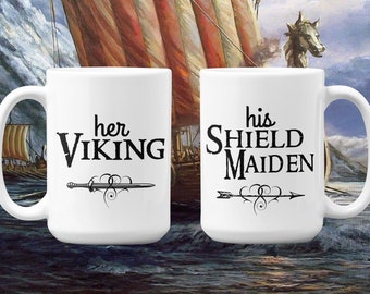 Couple Mug Set Her Viking His Shieldmaiden. Romantic Set Of Two Badass Viking Mugs His and Hers. Must Have Couples True Love Gift Set.