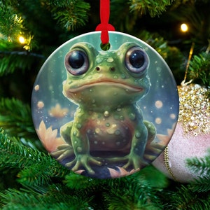 Adorable Frog Ornament, Christmas Decoration, Holiday Gift Idea, Heirloom Keepsake, Round Ceramic, Bauble Present
