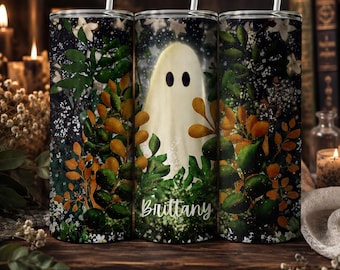 Personalized Ghost Tumbler, Dark Botanical Halloween Cup, Autumn Spooky Drinkware, Custom Name Fall Gift