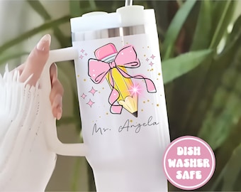 Custom Teacher Tumbler 40oz: Gift for Teacher Appreciation, Pencil with Bow