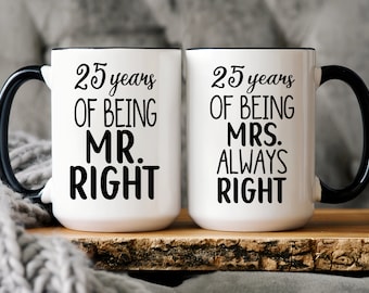 25th Anniversary Gifts for Couples, 25 Years Mr. Right Mrs. Always Right Gifts for Couples Mug Set, Funny 25th Wedding Anniversary Gifts