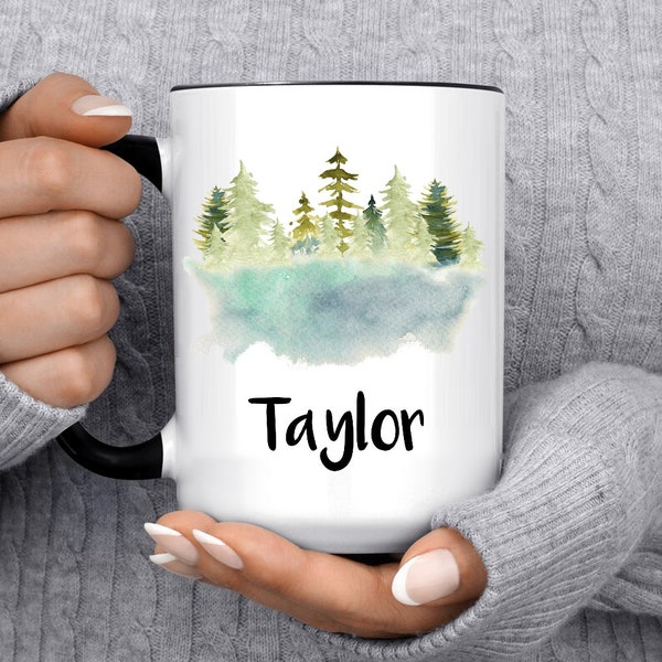 Custom Name Mugs, Watercolor Lake Trees, Custom Mug, Watercolor Forest, Nature Lover, Unique Gift Ideas, Personalized Cups, Lakehouse