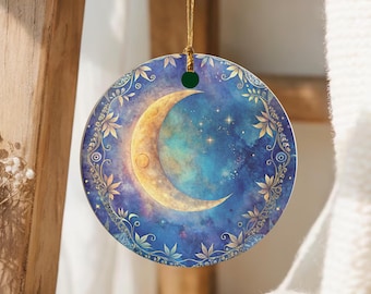 Celestial Moon Christmas Ornament Gift -  Blue & Gold Whimsigoth Magical Keepsake