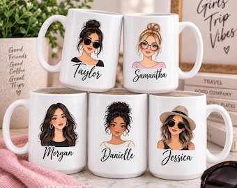 Personalized Girls Trip Mug Custom Portrait Coffee Cup Girls Weekend Friend Gift 15oz Ceramic