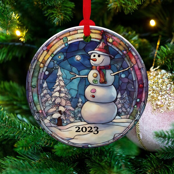 2023 Snowman Ornament, Christmas Decoration, Holiday Gift Idea, Heirloom Keepsake, Round Ceramic, Bauble Present
