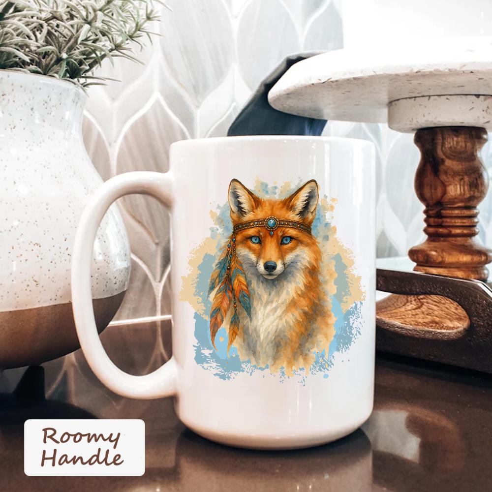 Watercolor Fox Coffee Mug: Feather Headdress, Woodland Animal Cup