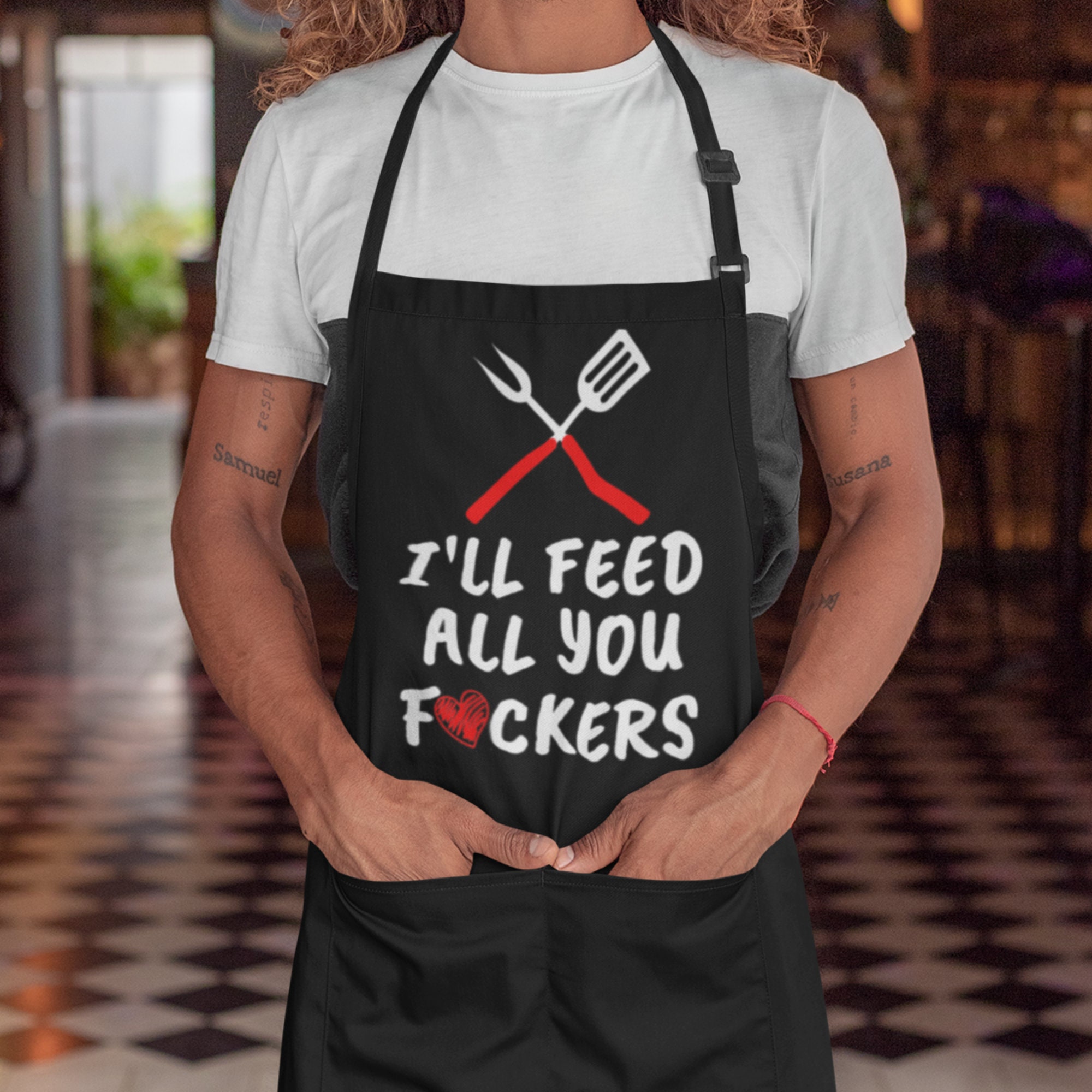 Funny Aprons for Men, I'll Feed All You Chef Apron with 3 Pockets,  Adjustable Neck Strap and Long Waist Ties, Perfect for Kitchen Cooking,  Grilling