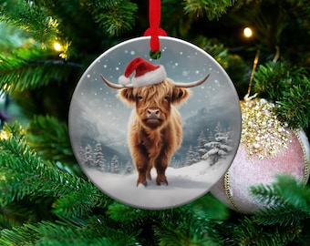 Highland Cow Ornament, Christmas Decoration, Holiday Gift Idea, Heirloom Keepsake, Round Ceramic, Bauble Present