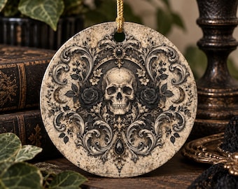 Gothic Skull Ornament, Victorian Baroque Decor, Dark Academia Ceramic Keepsake, Witchy Home Accent