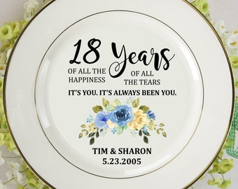 18th Anniversary, Traditional Anniversary Gifts, 18 Porcelain Blue, Custom 18th Gift Ideas for Parents Anniversary, Porcelain Plate 8"