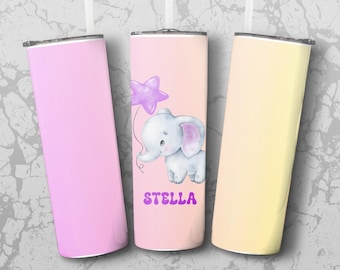 Personalized Elephant Tumbler, Custom 20oz Soft Pastel Watercolor Baby Elephant, Lid and Straw