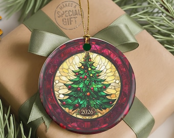 Christmas Ornament 2026 Gift Ceramic Ornaments Keepsake, Red Burgundy Xmas Tree