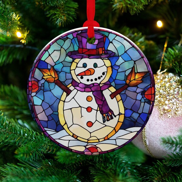 Pretty Snowman Ornament, Christmas Decoration, Holiday Gift Idea, Heirloom Keepsake, Round Ceramic, Bauble Present