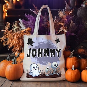 Trick-Or-Treat Bag, Custom Name, Personalized Halloween Tote Bag, Witchy Black Cat, Jack-O-Lantern, Ghost Canvas Bag, Trick Treat Goodie Bag