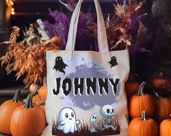Borsa per dolcetto o scherzetto, nome personalizzato, borsa di tela personalizzata per Halloween, gatto nero stregato, zucca di Halloween, borsa di tela fantasma, borsa di dolcetto o scherzetto