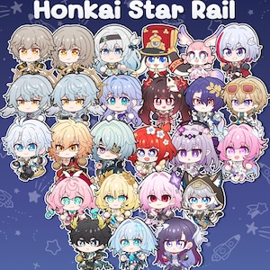 Könnte beinhalten: Eine Sammlung von Charakterillustrationen im Chibi-Stil aus "Honkai Star Rail" auf dunklem blauem Hintergrund. Die Charaktere haben verschiedene Haarfarben und Outfits. Der Text "Honkai Star Rail" steht oben.