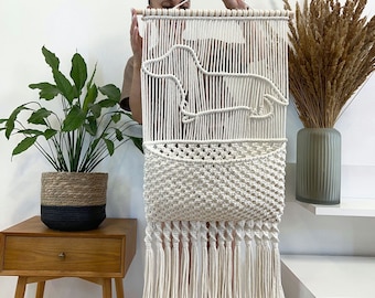 Macrame wall hanging storage for dog owner, organizer for grooming with picture of dachshund, organizer for leashes, gift for dog owner