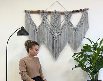 Wide gray macrame wall hanging, large macrame backdrop, macrame curtain, bedroom wall hanging decor, macrame headboard, woven wall decor