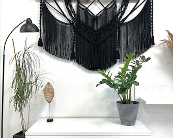 Extra large black macrame wall hanging with tassels, Boho wall decor, Textile headboard decor, Bohemian art