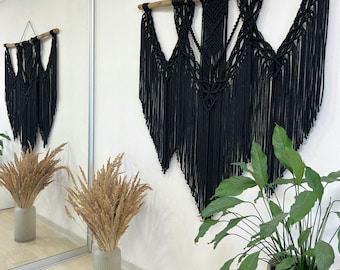 Extra large black macrame wall hanging, Boho wall decor, Textile headboard decor, Bohemian art, Macrame on driftwood