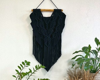 Macrame wall hanging with fringe, macrame backdrop, black macrame, bedroom wall hanging decor, macrame headboard, woven wall hanging decor