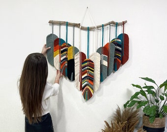 Hojas de macramé, plumas de macramé de colores, arte de pared de macramé, decoración de pared de macramé, decoración de pared de hojas, colgante de pared de macramé, decoración boho