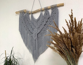 Gray macrame wall hanging, boho decor. Wall macrame decor