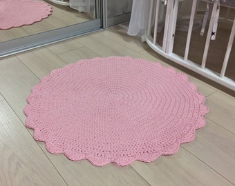 Pink crochet circle rug, Bedside round rug, Pink carpet, Round carpet, Area circle rug, Living room rug, Bedroom rug, Kids mat, Knitted rug