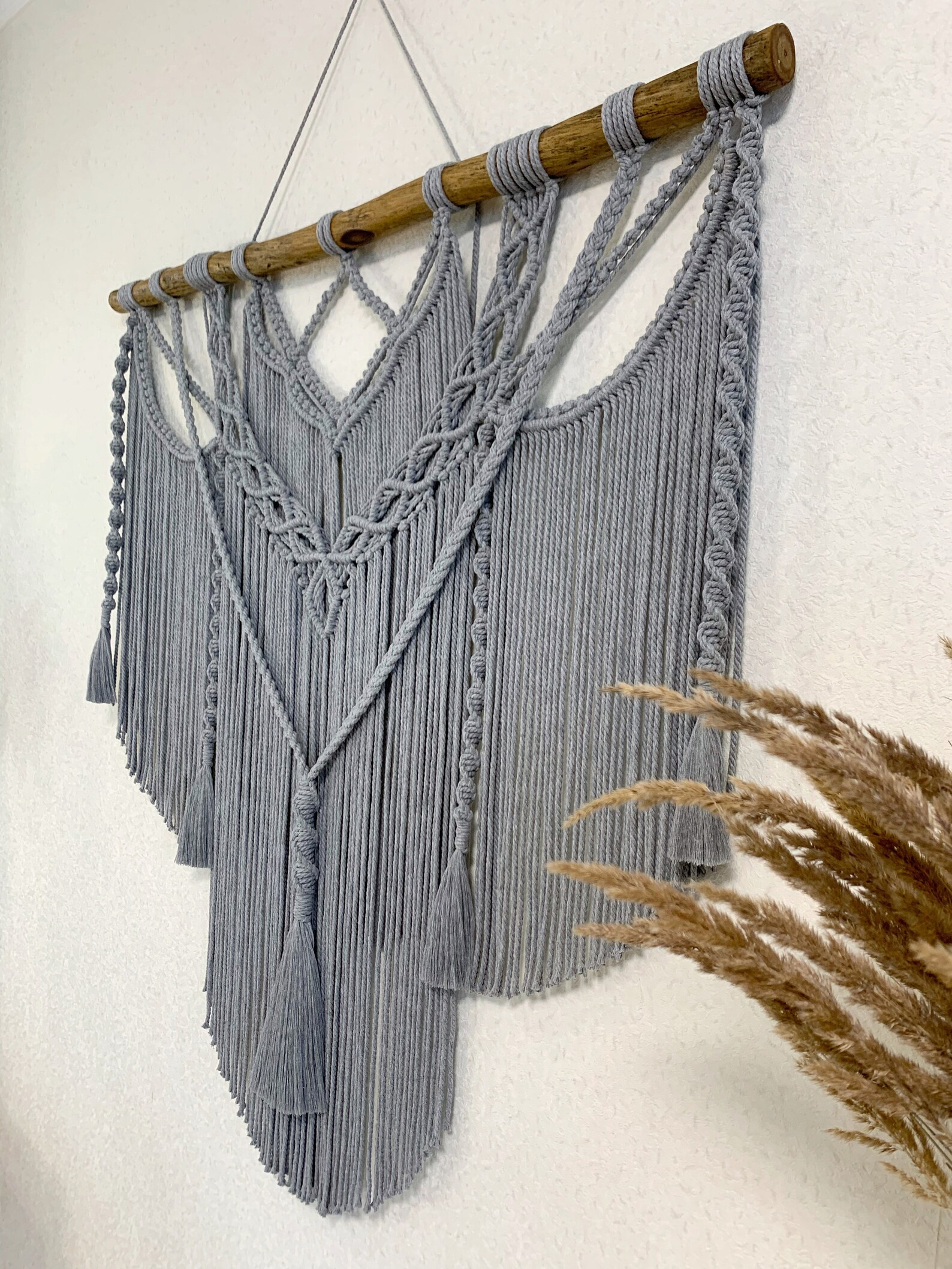 Large Gray Macrame Wall Hanging With Tassels Gray Macrame Etsy