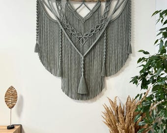 Large khaki macrame wall hanging with tassels, Macrame backdrop, Macrame headboard, Boho decor, Bohemian art