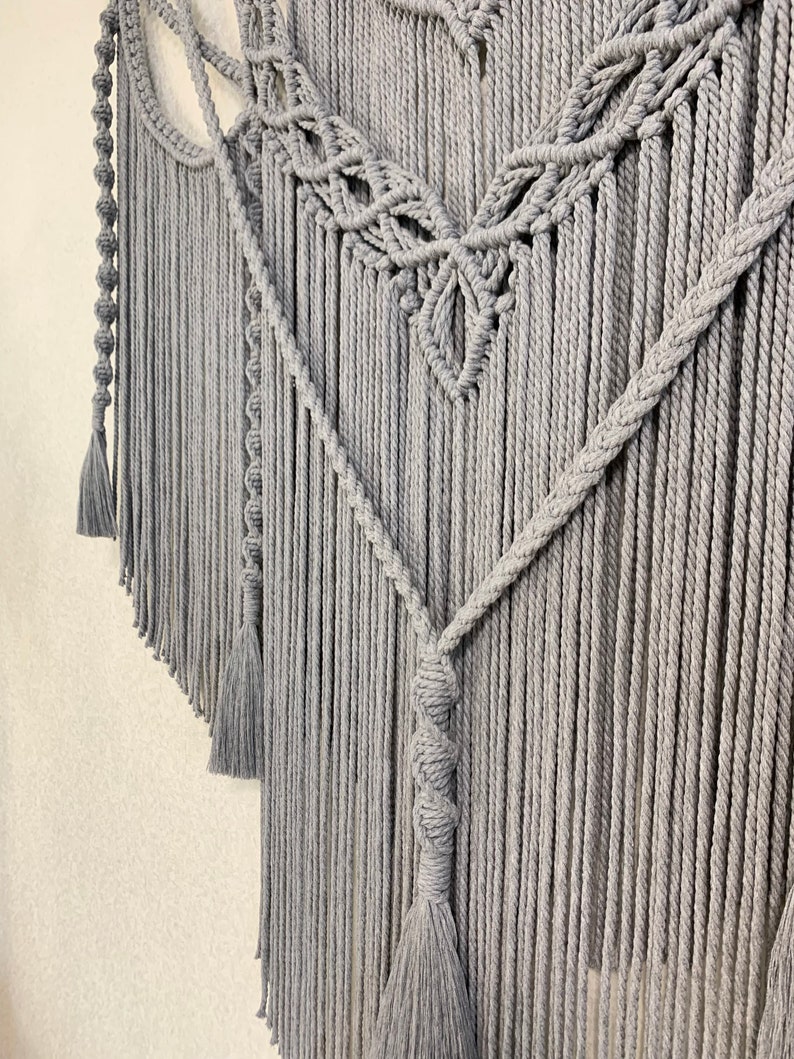 Large Gray Macrame Wall Hanging With Tassels Gray Macrame Etsy