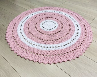 Pink crochet circle rug, Bedside round rug, Pink carpet, Round carpet, Area circle rug, Living room rug, Bedroom rug, Kids mat, Knitted rug