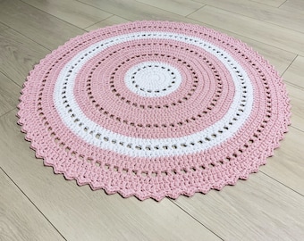 Pink crochet circle rug, Bedside round rug, Pink carpet, Round carpet, Area circle rug, Living room rug, Bedroom rug, Kids mat, Knitted rug