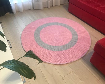 Pink crochet circle rug, Bedside round rug, Pink carpet, Round carpet, Area circle rug, Living room rug, Bedroom rug, Kids mat, Knitted rug