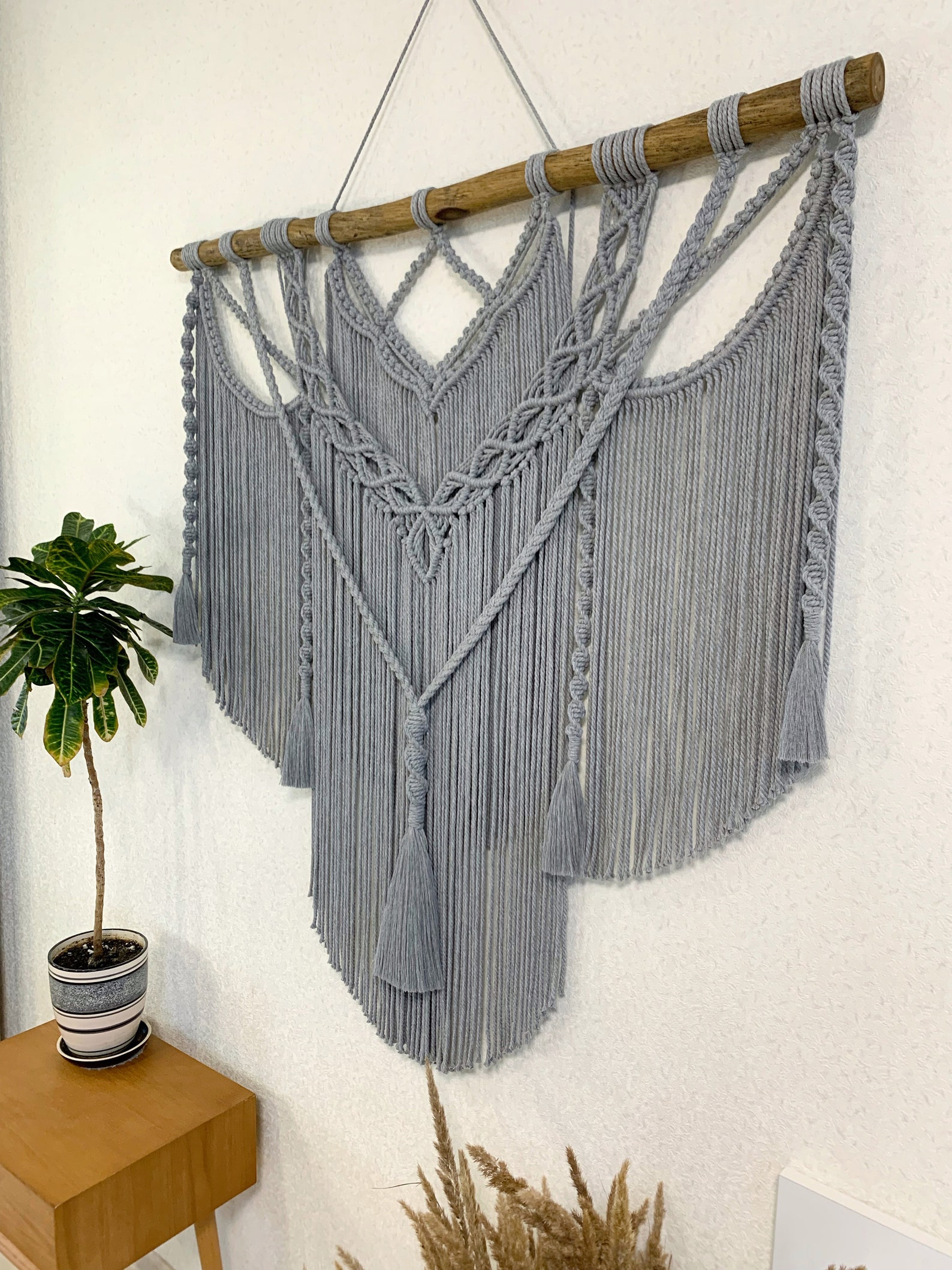 Large Gray Macrame Wall Hanging With Tassels Gray Macrame Etsy