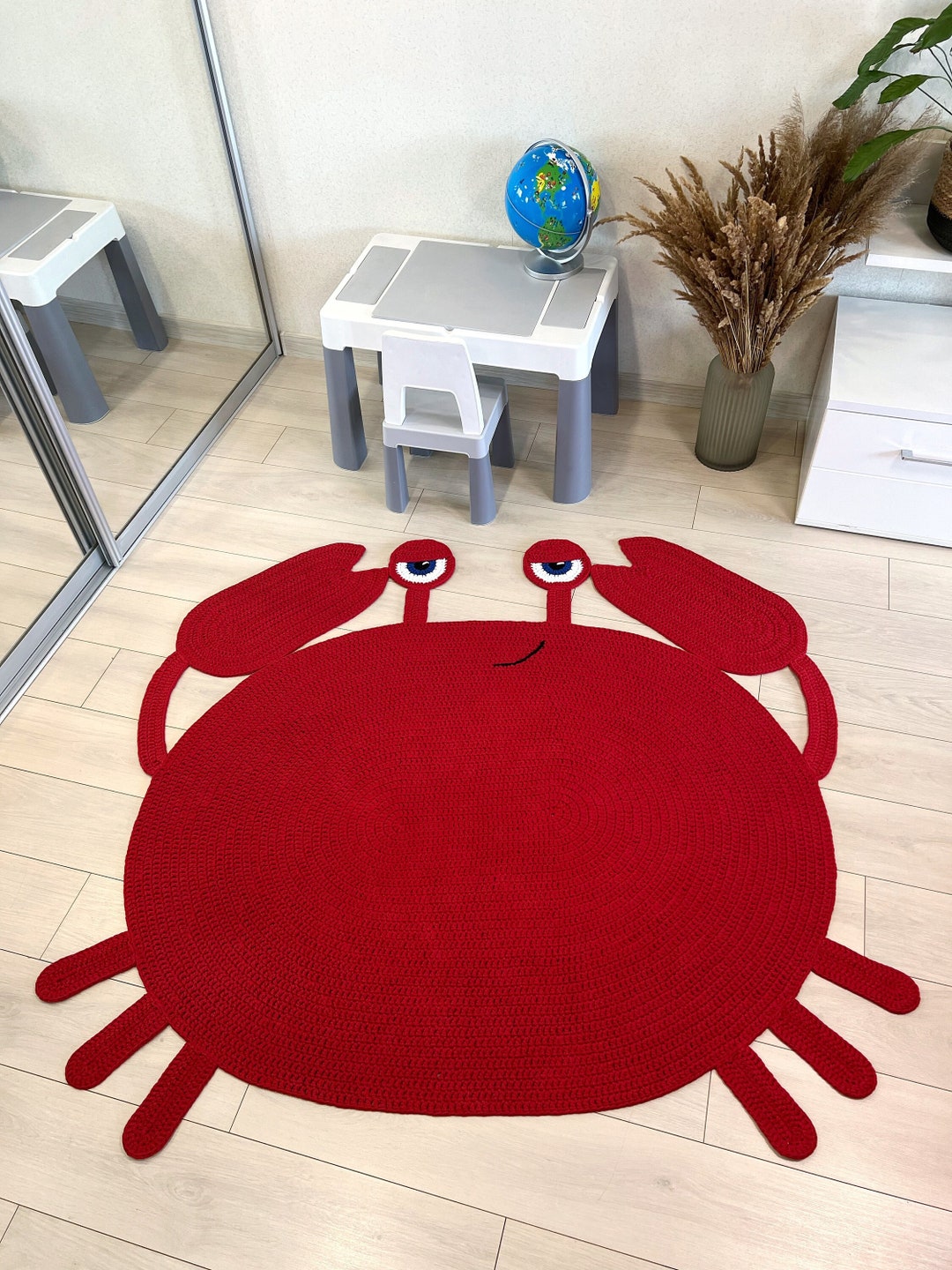Crochet Crab Rug Nursery Rug Rug for Kids Room Crab Mat Nautical Style Rug Red Crab Baby Rug