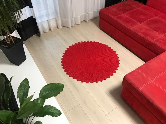 Red circle rug, Crochet circle rug, Red floor decor, Entryway round rug, Small area rug, Living room rug, Bedroom rug, Crochet round carpet