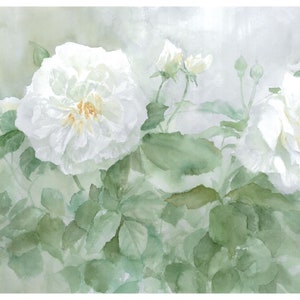 Dipinto ad acquerello di cespuglio di rose bianche, Stampa fine art alta qualità di rose bianche, Pittura floreale moderna, Flower art decor
